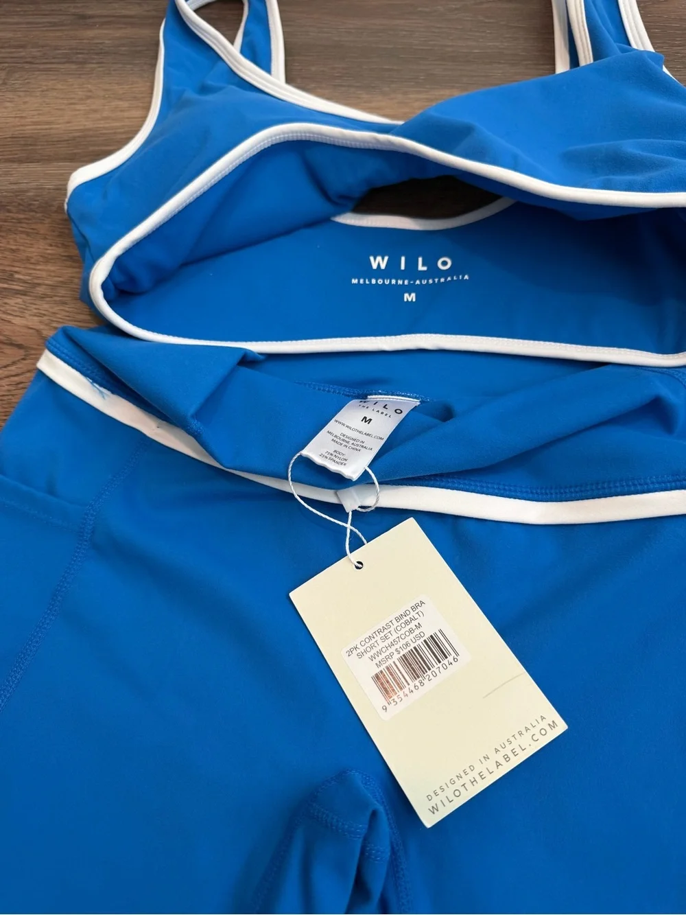 NWT Wilo The Label Active Set Sports Bra Biker Shorts Cobalt Blue White Medium